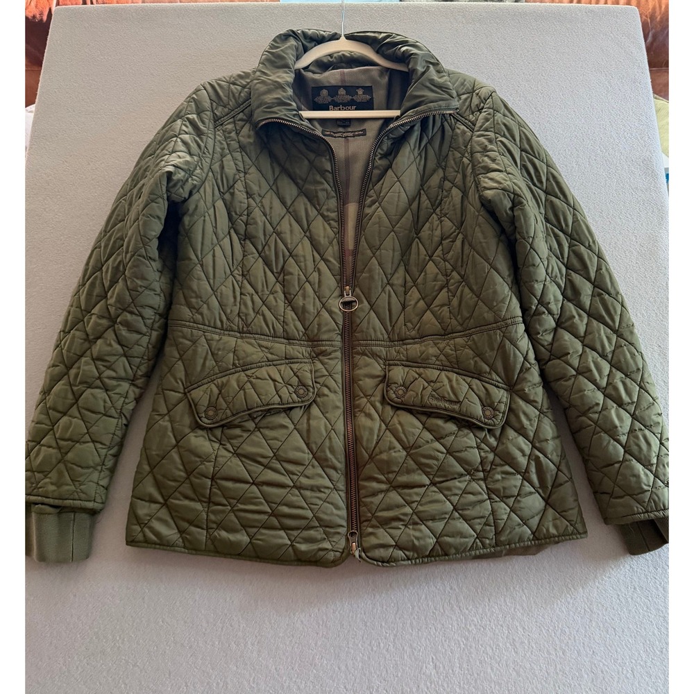 Barbour Hawthorns Quilted Tartan Lined Full Zip Jacket Olive Green Women Size 10